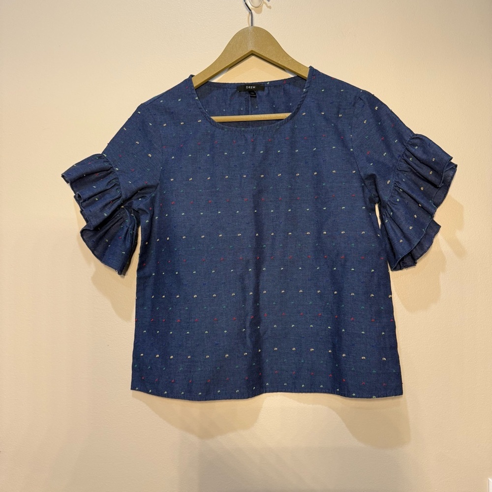 DREW Navy Blue And Multicolored Polkadot Ruffle Sleeve Top in size XS